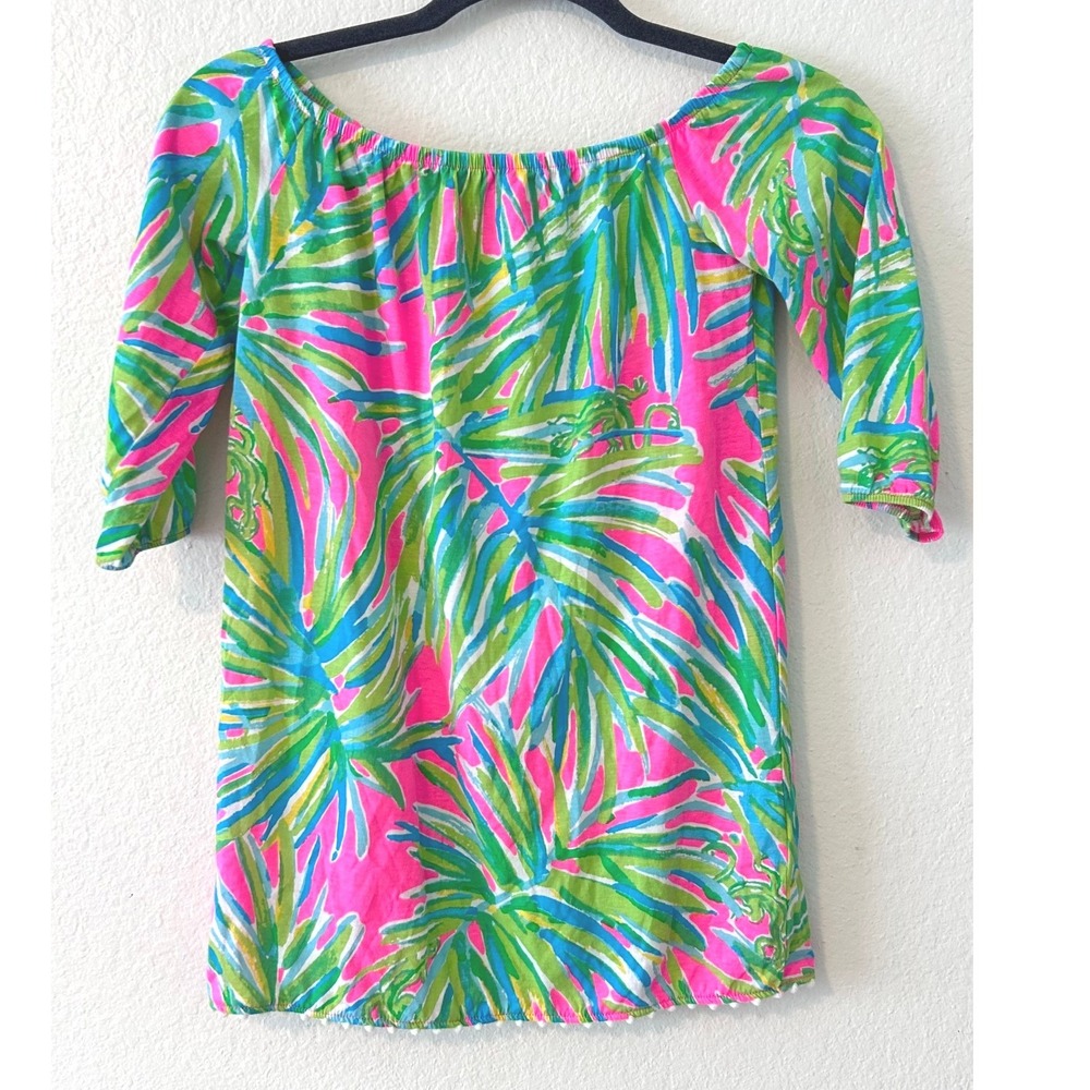 Lilly Pulitzer Mini Enna Pink Green Palm Print Off Shoulder Pom Pom Dress SZ 6-7